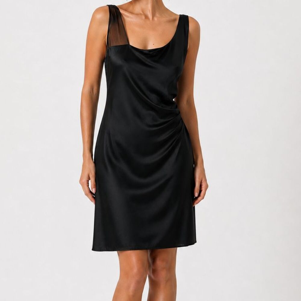 Eileen Fisher Black Silk Lined Dress Sheer Strap Minimalist Size Large